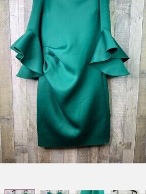 Betsy Adam Size 16 Green Off Shoulder Side Ruched Flare Ruffle Drop Sleeve Dress